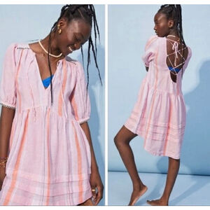 Lemlem X H&M Dress Womens XL Pink Linen Puff Sleeve Boho Sundress Romantic